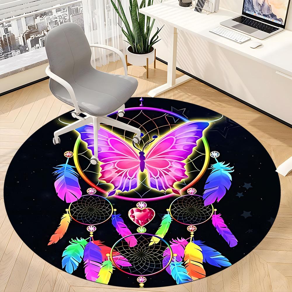 1PC Butterfly Dreamcatcher Office Round Area Rug,  Mat Suitable ForOffice, Under Office Chairs Bedroom Living Room Home Decor, Room Deco