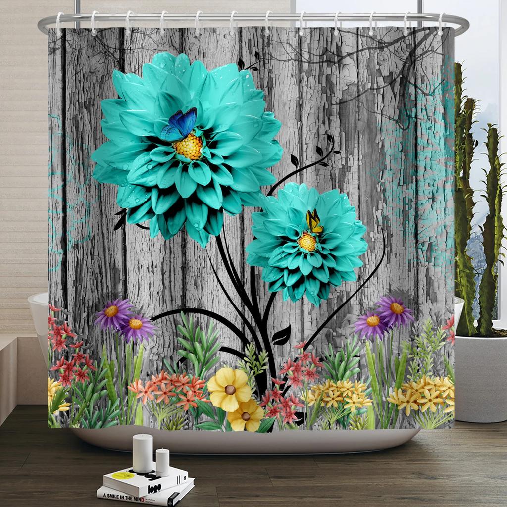 Rustic Sunflower Daisy Shower Curtain Butterfly Floral Vintage Country Farmhouse Flower Wooden Board Waterproof Bathroom Curtain
