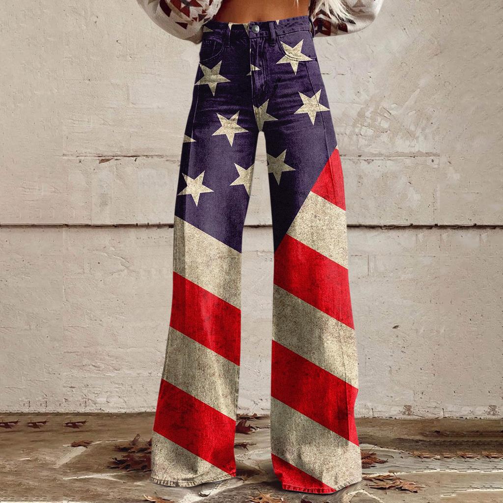Wide Leg Flare Jeans For Women With Pockets Baggy Pants Vintage Floral Print High Waisted Loose Pant