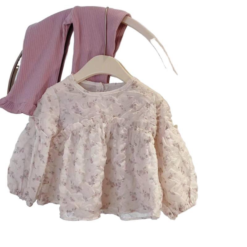 Koreanische Kinderbekleidung Mädchenanzug, ausländischer Stil Mädchen Baby Herbstkleidung, Puffärmel Blumenoberteil + Spitzhose zweiteiliges Set