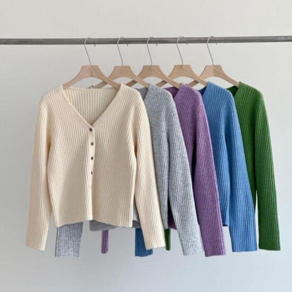 New ArriVals Open Run Women V Neck Ribbed Knit Button Viscose