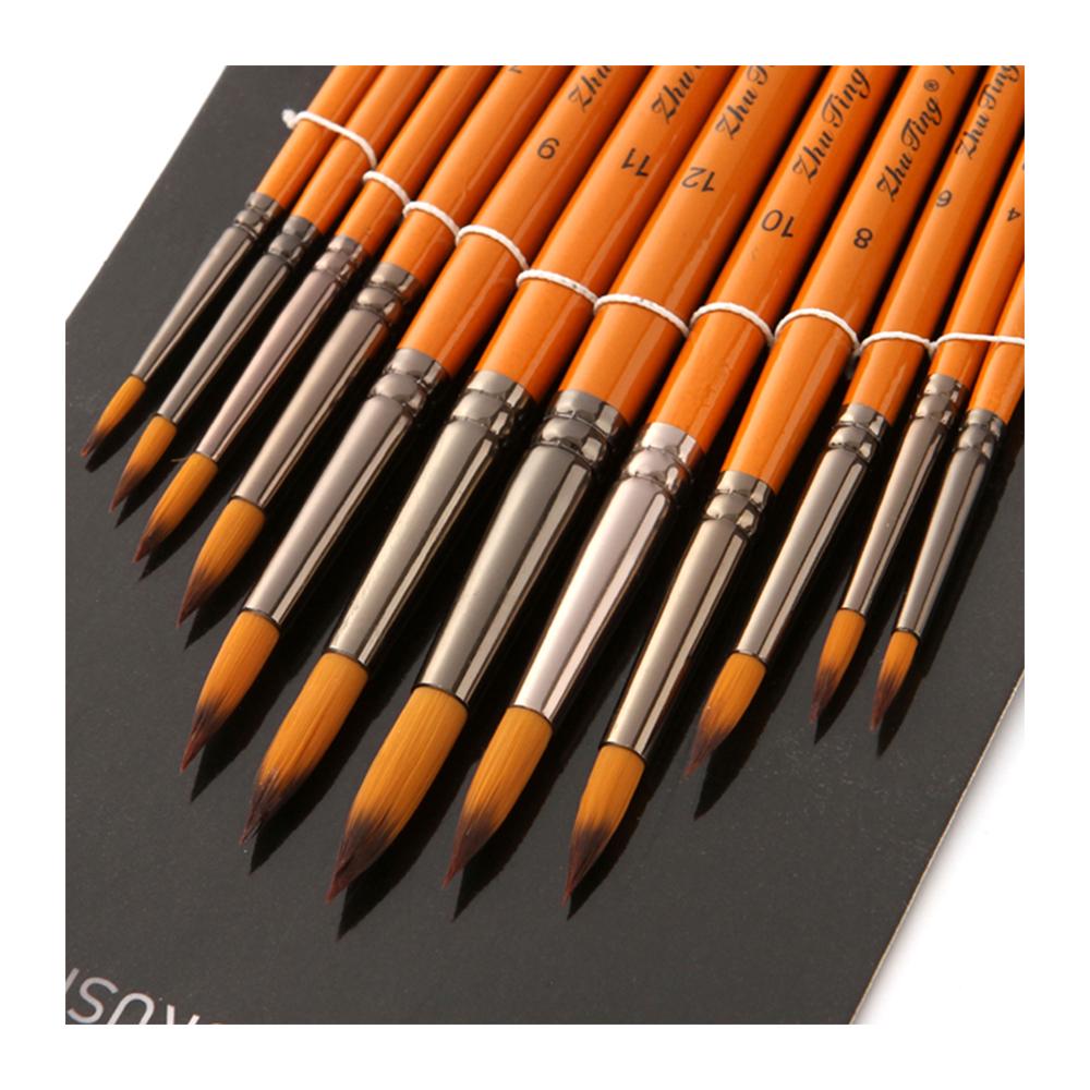 12pcs Professional Artist Paint Brushes Set Round Pointed Tip Wooden Handle Nylon Hair Paintbrush