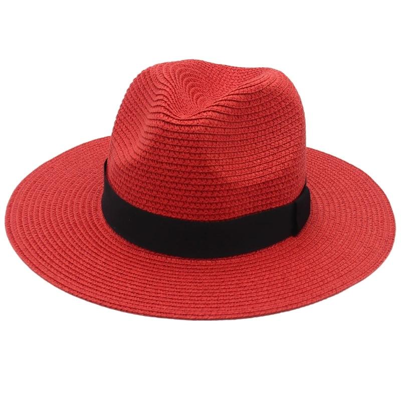Chapeau de Paille Carré à Ruban Noir pour Hommes et Femmes Chapeau Jazz Panamahat Vente Printemps Été (as the picture,58) red