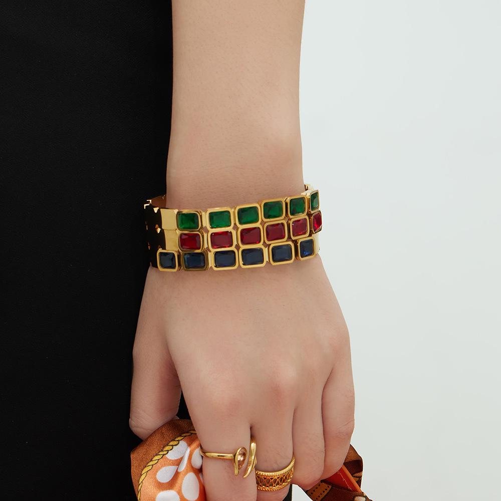 18K Gold Plated Stainless Steel Bracelet with Square Colored Glass Stones In Trendy European and American Niche Design - Fade Resistant.