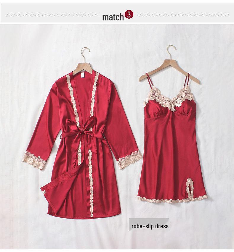 Women's Summer Silk Pajama Set: 5-Piece Long Sleeve, Lace Trim Camisole, Shorts & Pants