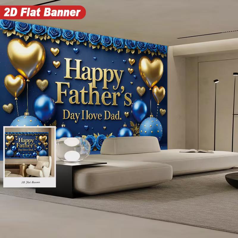 2D Flat Happy Father's Day Banner Navy Blue & Gold Themed Backdrop with "I Love Dad" Text