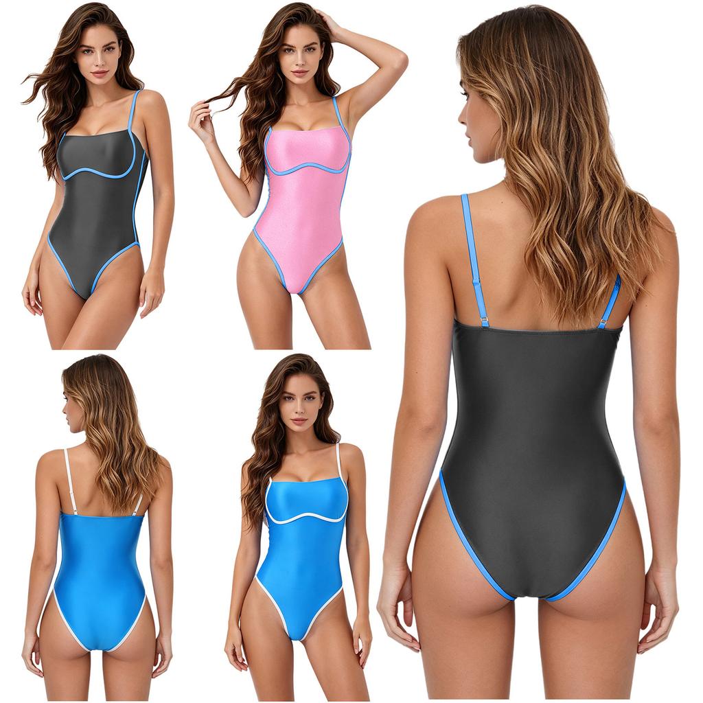 Women Satin Bodysuit Swimwear Color Blocking Edges Square Neck Adjustable Straps One Piece Bathing Suit for Beach Vacation Summer Pool