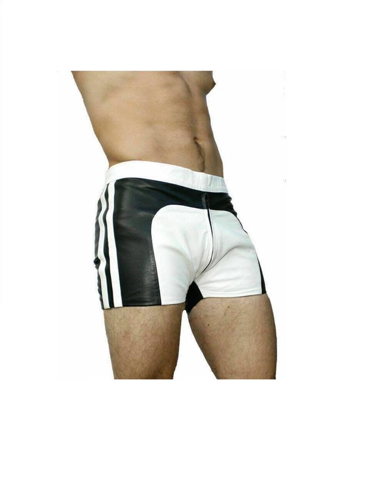 Genuine Lambskin Sports Black & White 100%Men Gym Short Leather Pants Boxer