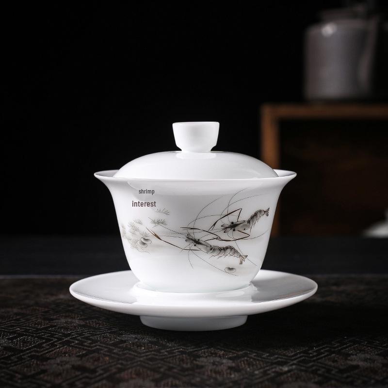 Ice Type White Porcelain Yuanbao Gaiwan Tea Set - Large Peony Flower Design