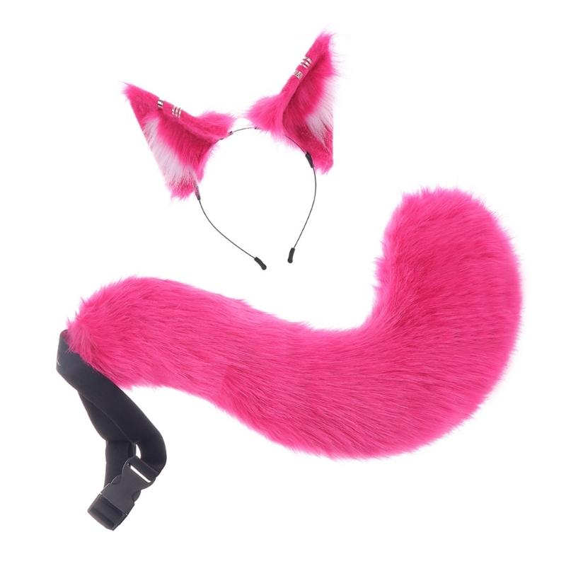 A52E Cats Wolf Foxes Ears Headband Furry Foxes Tail Plush Animal Ear Headband Tail