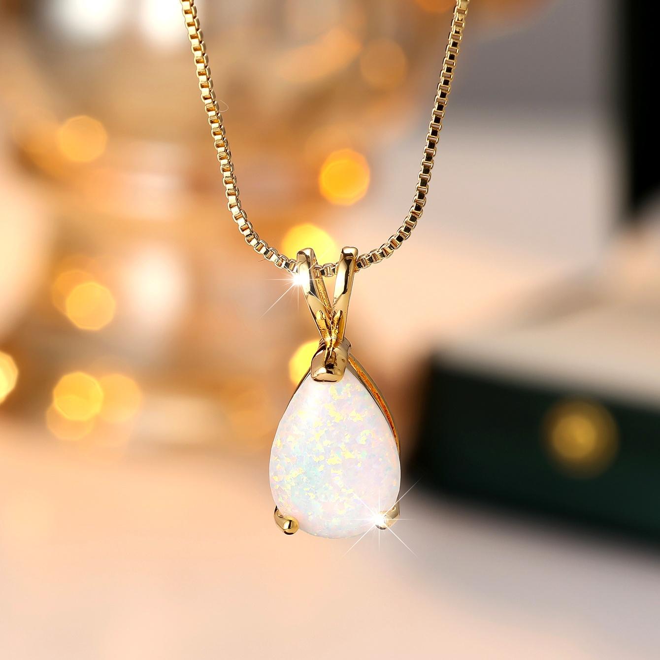 

Boho Female White Blue Opal Water Drop Pendant Necklace Gold Color Wedding Jewelry For Women