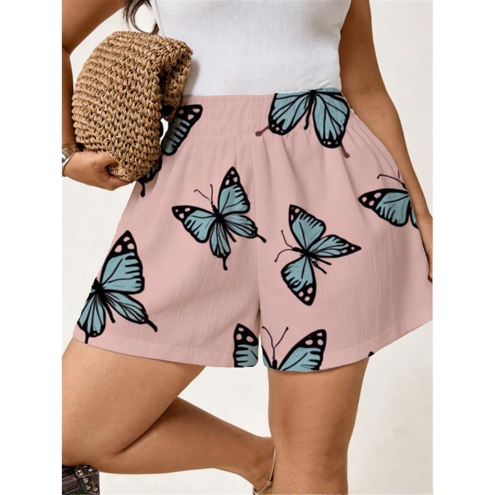 Plus Size - Women S Plus-Size Summer Shorts with Playful Blue Butterfly Print on Pink, Casual Slant Pocket Beach Vacation Bottoms S