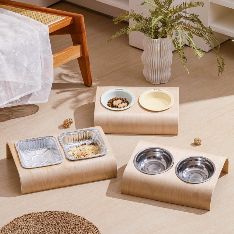Wooden Cat Bowl Stand Holder Ceramic Food Water Bowls Anti-Tip Design Neck Support Pet Feeder Station