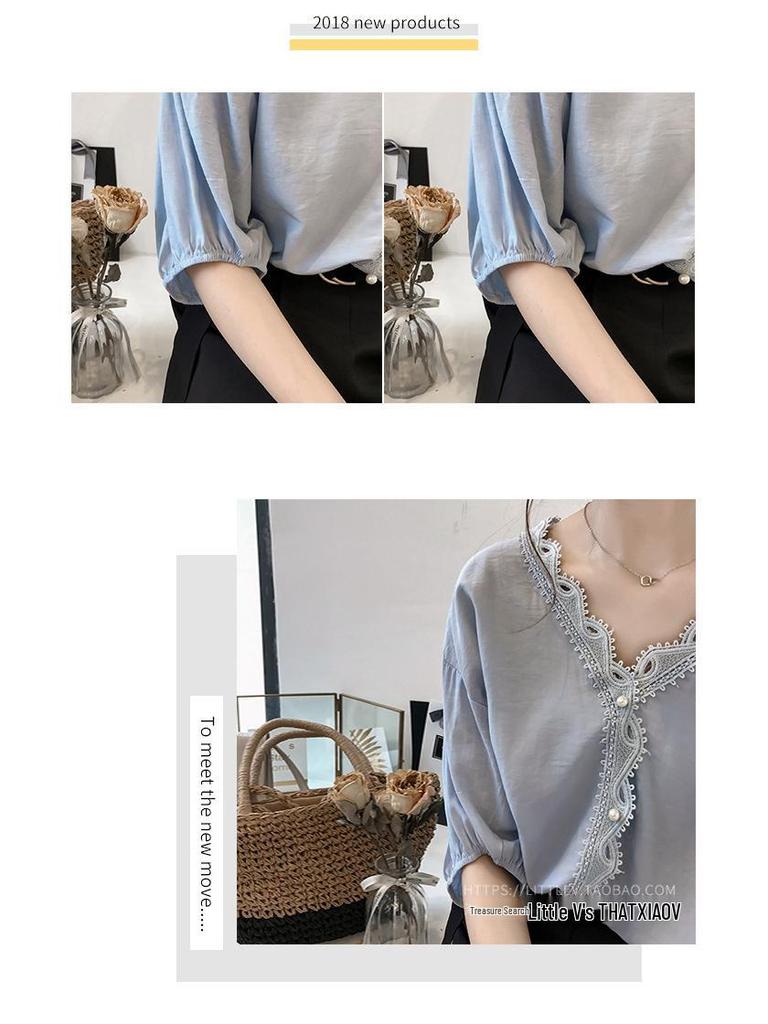 In-Stock Summer V-Neck Chiffon Blouse with Crochet Lace Patchwork