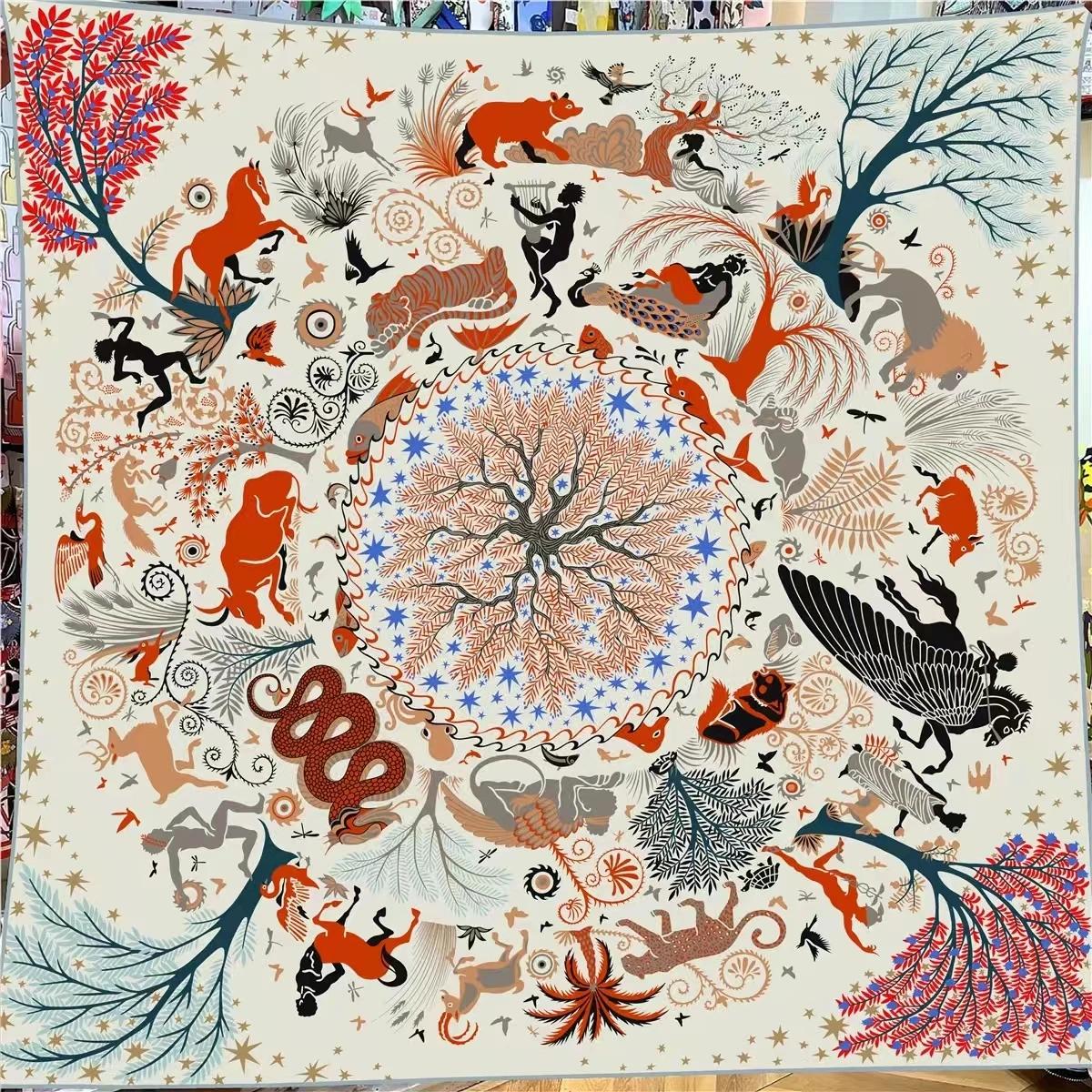 

30% Silk 70% Cashmere Scarf Women Hand Rolled 12 Zodiac Sign Print Square Scarves Wraps Bandana Big Hijabs Female Foulard 135CM x 135CM