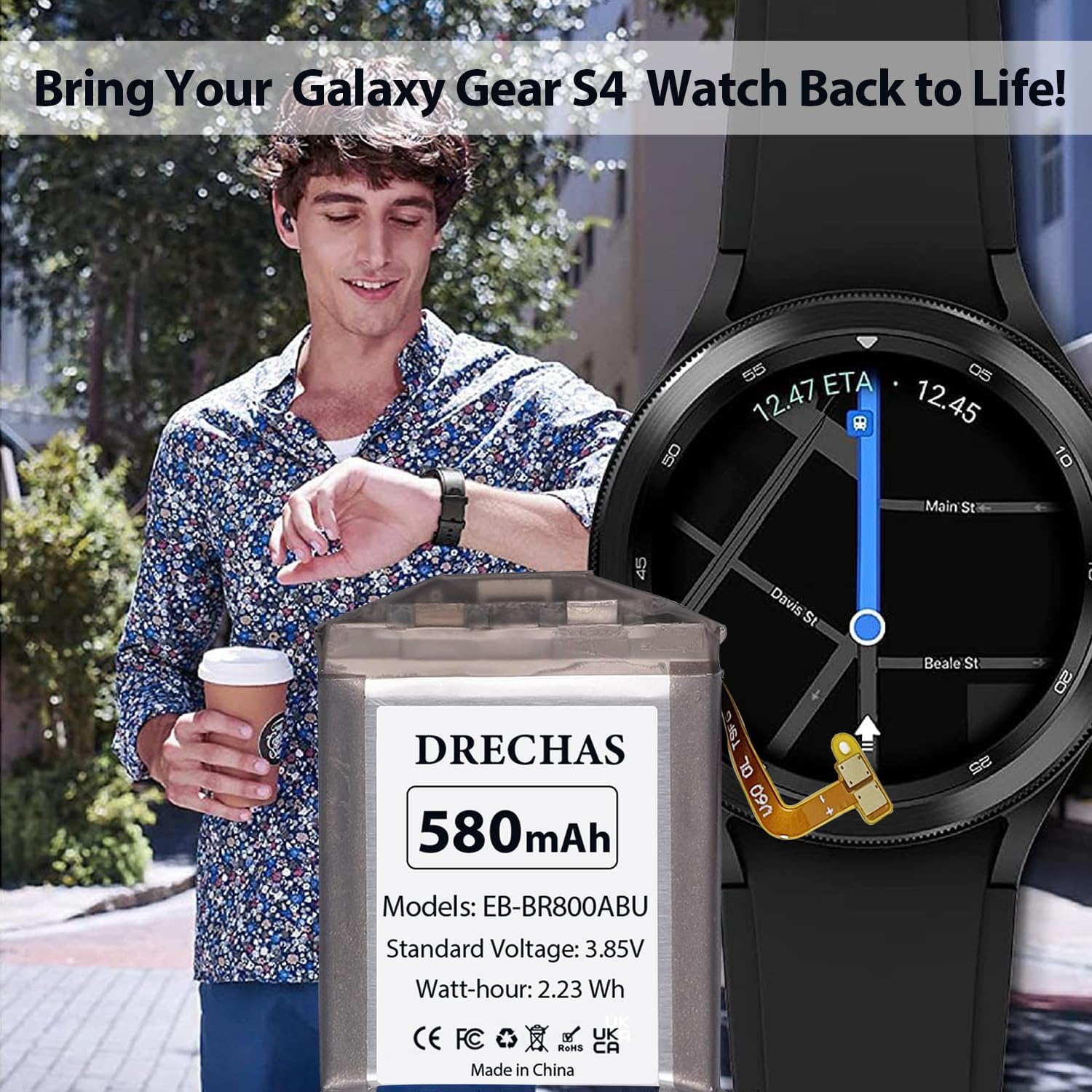 [580mAh] Battery for Samsung Gear S4 EB-BR800ABU, Upgraded High Capacity Li-Polymer Replacement Battery for Samsung Galaxy Watch/Galaxy Gear S4 46mm