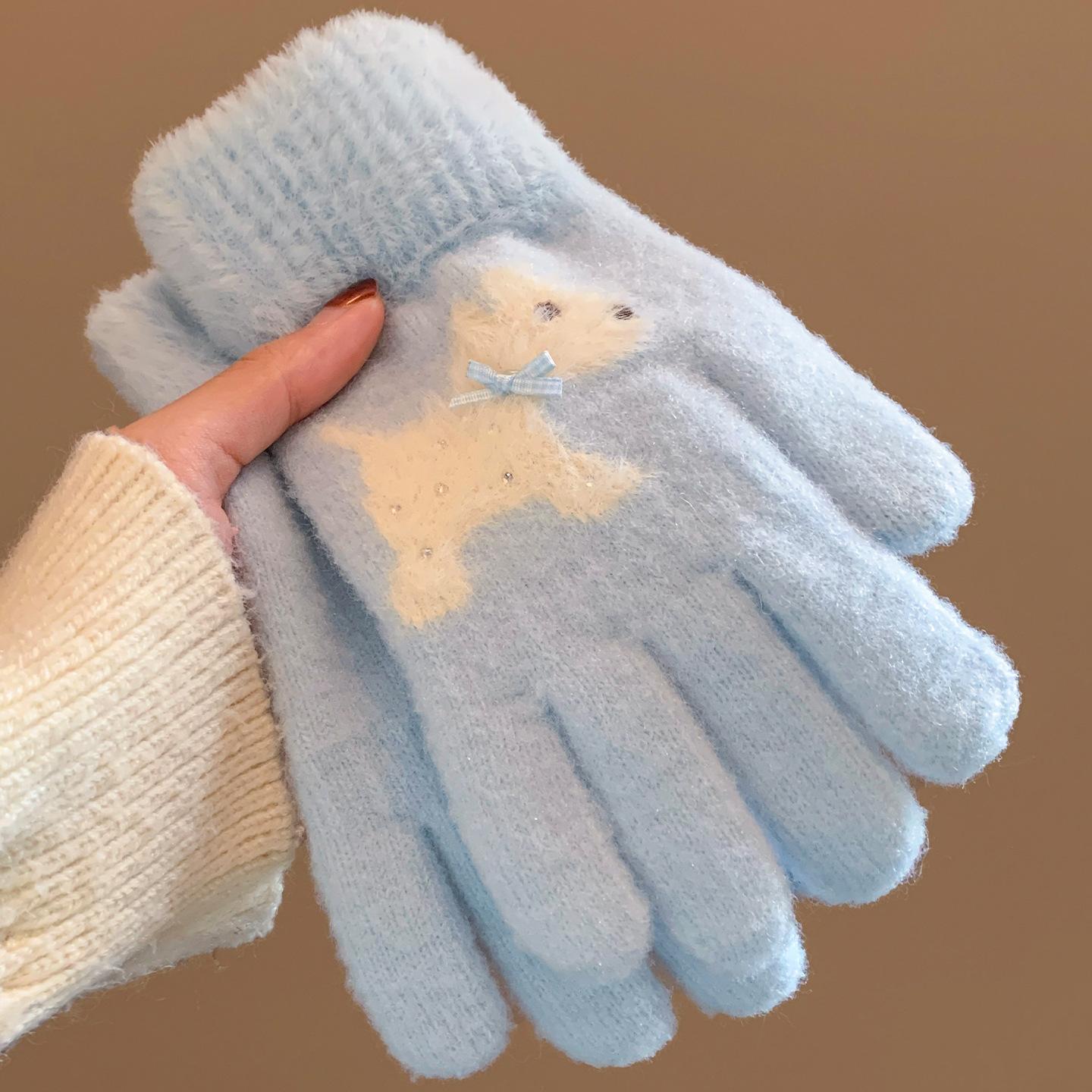 

Cute Puppy Bow Knitted Plush Gloves for Women Winter Warm Cycling Five Finger Split Finger Wool Touch Screen one size