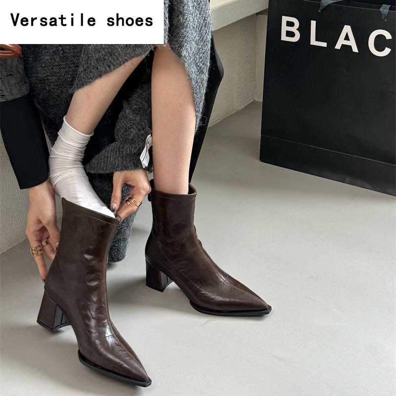 Designer Soft Leather Women Ankle Boots Sexy Pointed Toe Short Booties Stripper Square Heels Shoes