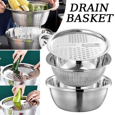 Abtropfkorb Küche Edelstahl 1 Stück 3 in 1 Runder Abtropfkorb Sieb Gemüseschneider Set Multifunktionales Küchenwerkzeug