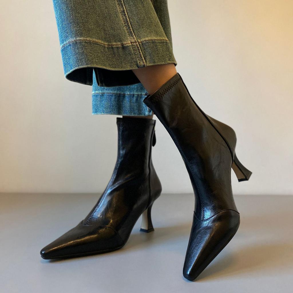 Rindsleder-Version~ Französische spitze elastische dünne Stiefel Damen 2025 dünner Absatz hoher Absatz kurze Stiefel Reißverschluss hinten Temperament einzelne Stiefel