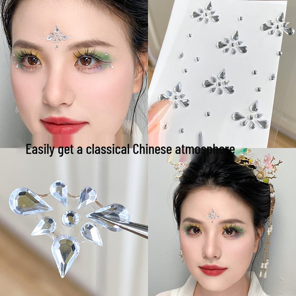 Diadema Rosso con Strass sulla Fronte e Adesivi Decorativi per il Viso in Stile Antico per il Trucco Hanfu