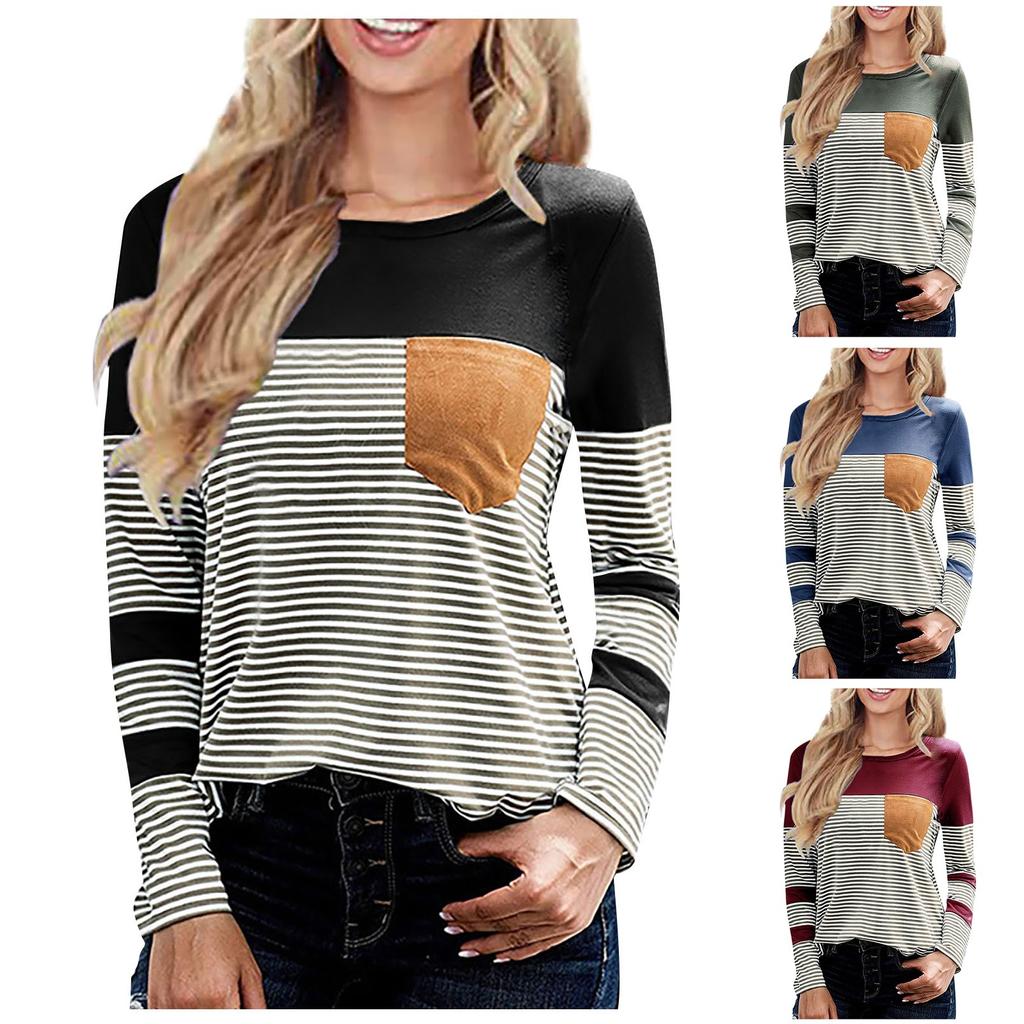 Women's Casual Round Neck Loose Collision Stripes Splicing Long-Sleeved Tops