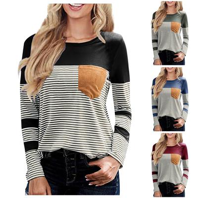 Women's Casual Round Neck Loose Collision Stripes Splicing Long-Sleeved Tops