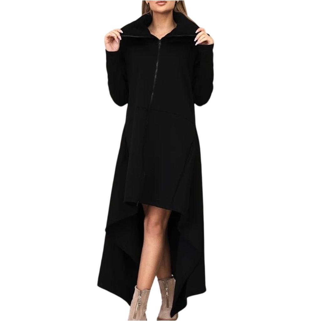 Women's Fashionable Solid Color Long Sleeved Hooded Long A-line Skirt Loose And Versatile Sweatshirt Jacket