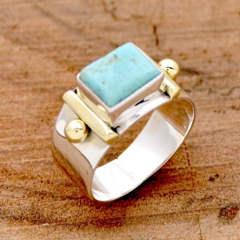 Ethnic Inlaid Imitation Turquoise Women's Ring Vintage Two Color Geometry Daily Wear Party Jewelry Anniversary Gift