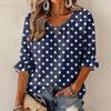 Women's Vintage Floral Print Ruffle Three-Quarter Sleeve Blouse with Round Neck and Tie Front