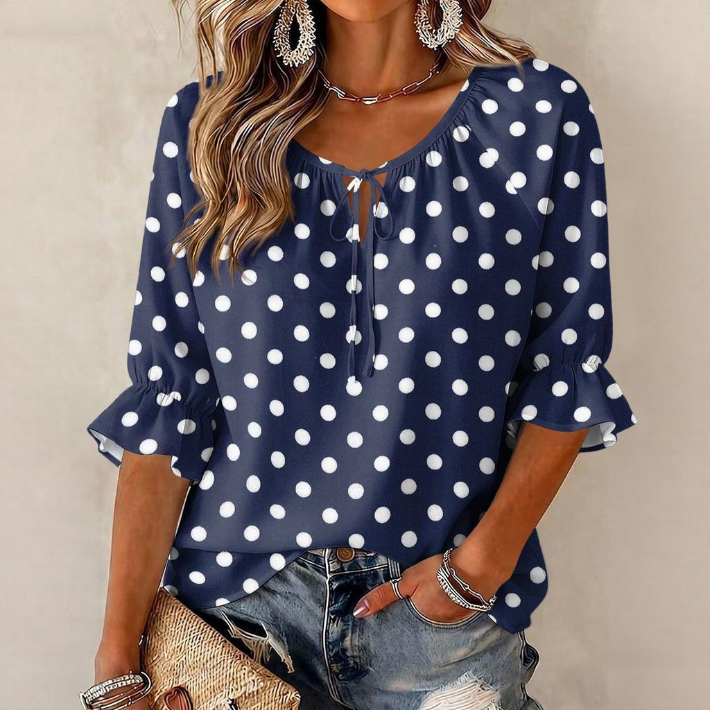 Women's Vintage Floral Print Ruffle Three-Quarter Sleeve Blouse with Round Neck and Tie Front
