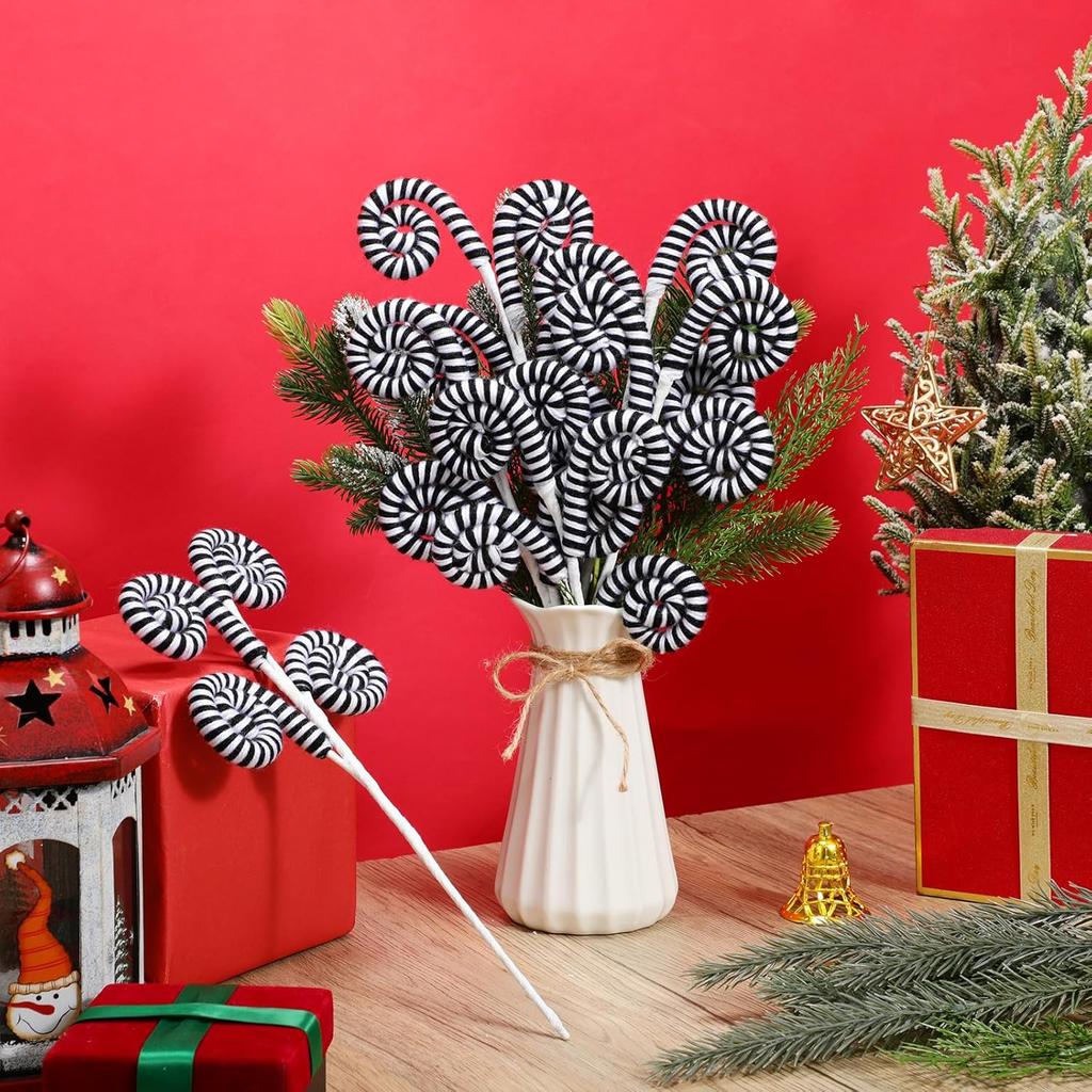 6 Pcs Christmas Tree Picks Decoration Sandworm Decor Woolen Candy Curly Pick Xmas Toppers Branches with Bells for Party Supply