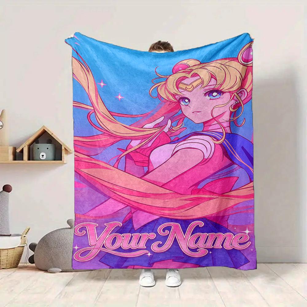 Custom 1Pc Retro Anime Girl Custom Name Fleece Flannel Blanket Soft Warm Cozy Office Throw For Bedroom Couch Travel Birthday Xmas Gift
