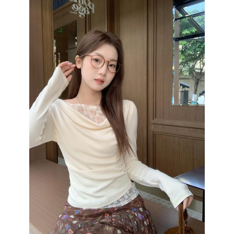 White Swing Collar Lace Long Sleeve T-shirt Women's Early Autumn Wear with Bottoming Shirt Slim Waist Top