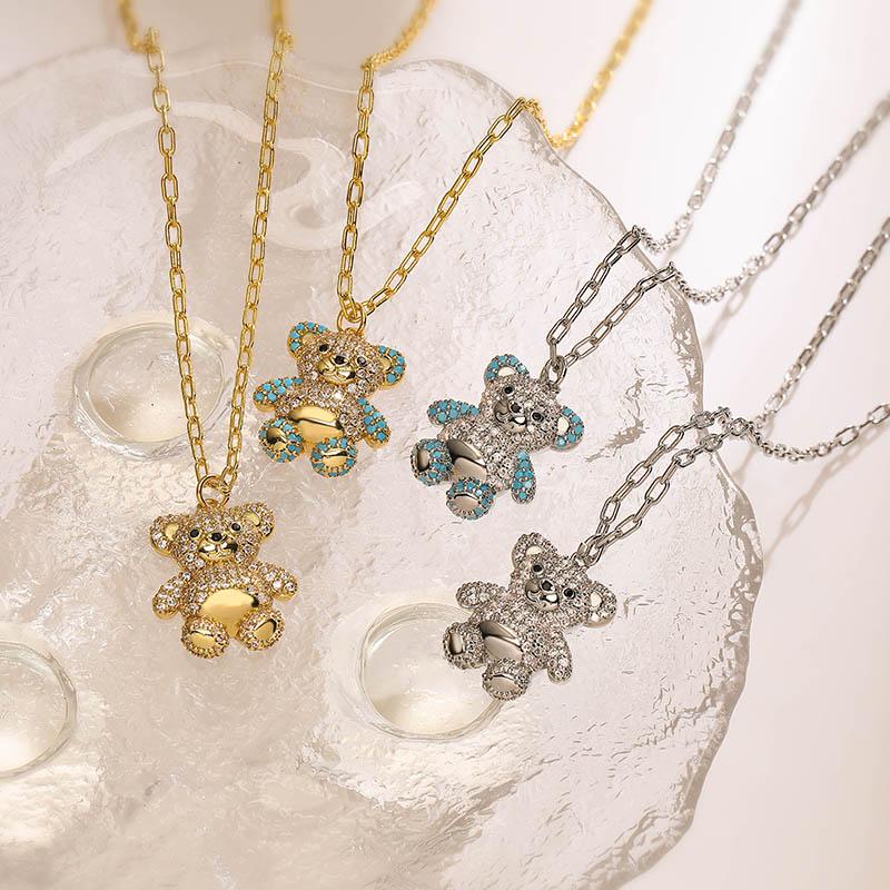 18K Gold Plated Brass Zircon Cute Bear Earrings Necklace Luxury Zircon Set Party Gifts For Women Gifts