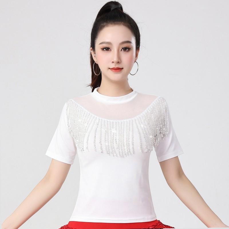 Womens Latin Dance Top Practice Performance Ballroom Dancewear Milk Silk Stretch Fit