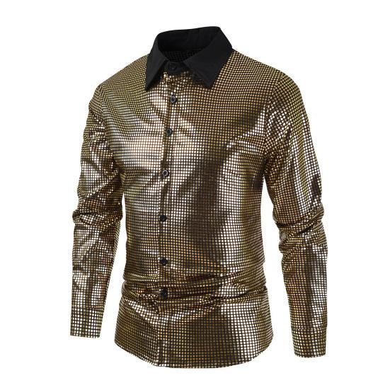 Herre Retro Paljett Skjorte Glitrende Knappelukking Langermet Krageskjorte Vintage Disko Skjorte for Barer Nattklubber Fester