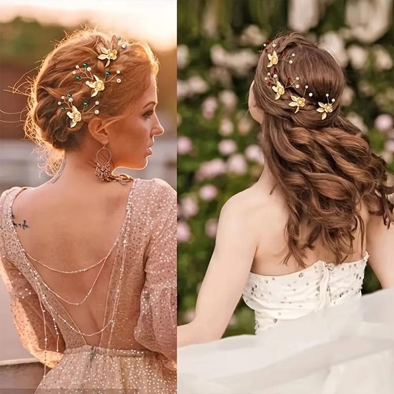 5PC Pearl Floral Ornament Leaf Vintage Gold Retro 5-Pack Exquisite Hair Clips Fairy Hair Forks Elegant