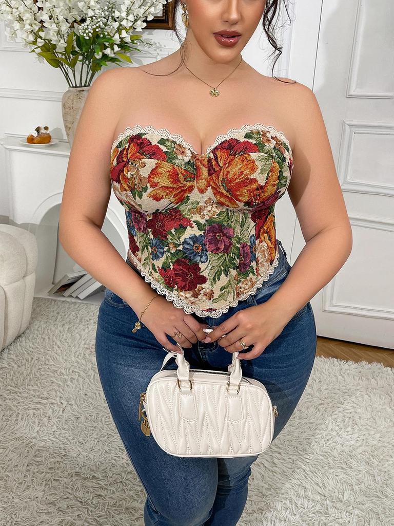 Plus Size Retro French Fishbone Corset: Sexy Lace-Up European & American Floral Bustier Top for Women