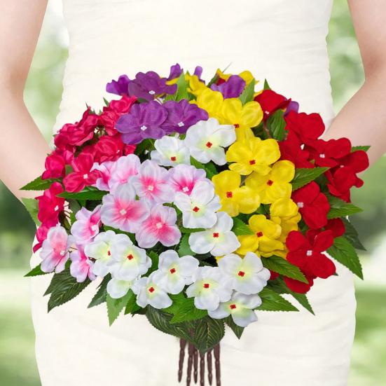 5 Stems Artificial Impatiens Flowers Bouquet for Outdoor UV Resistant Faux Silk Flowers for Outside Front Porch Garden Window Box Planter Decor