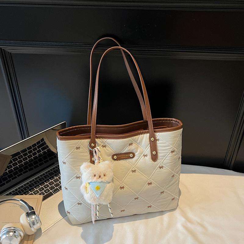 Bow Cotton Clothes Bag Large Capacity Women's Small Fresh Shoulder Bag Portable Embroidery Commuter Tote Bag New