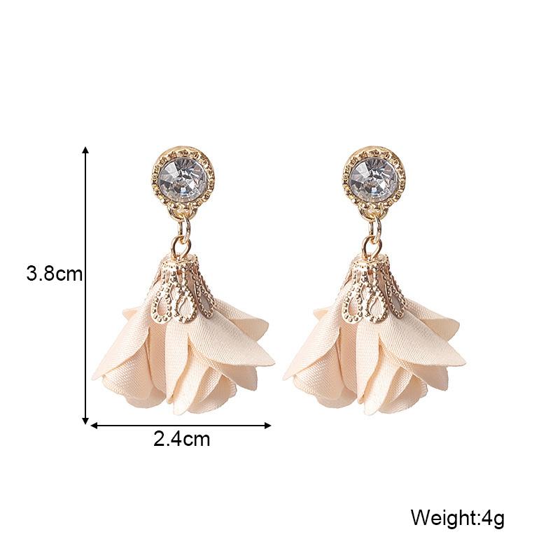 New Fabric Flower Dangle Earrings for Women Crystal Top Luxury Wedding Ear Floral Pendants Hanging Earring
