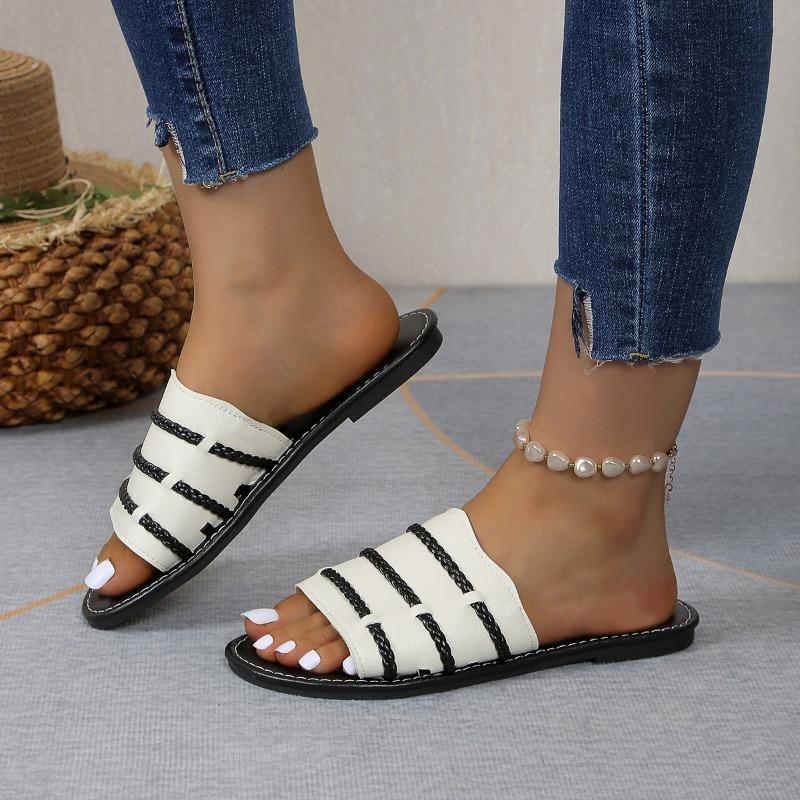 Large size summer new slippers women's word with black and white stripes comfortable flat heel sandals