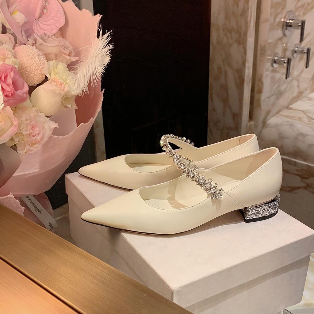 Sheepskin Version~ Grape Mother Same Leather French Pointed Sparkling Rhinestone Mary Jane Shoes Women's Versatile Shallow Mouth Single Shoes