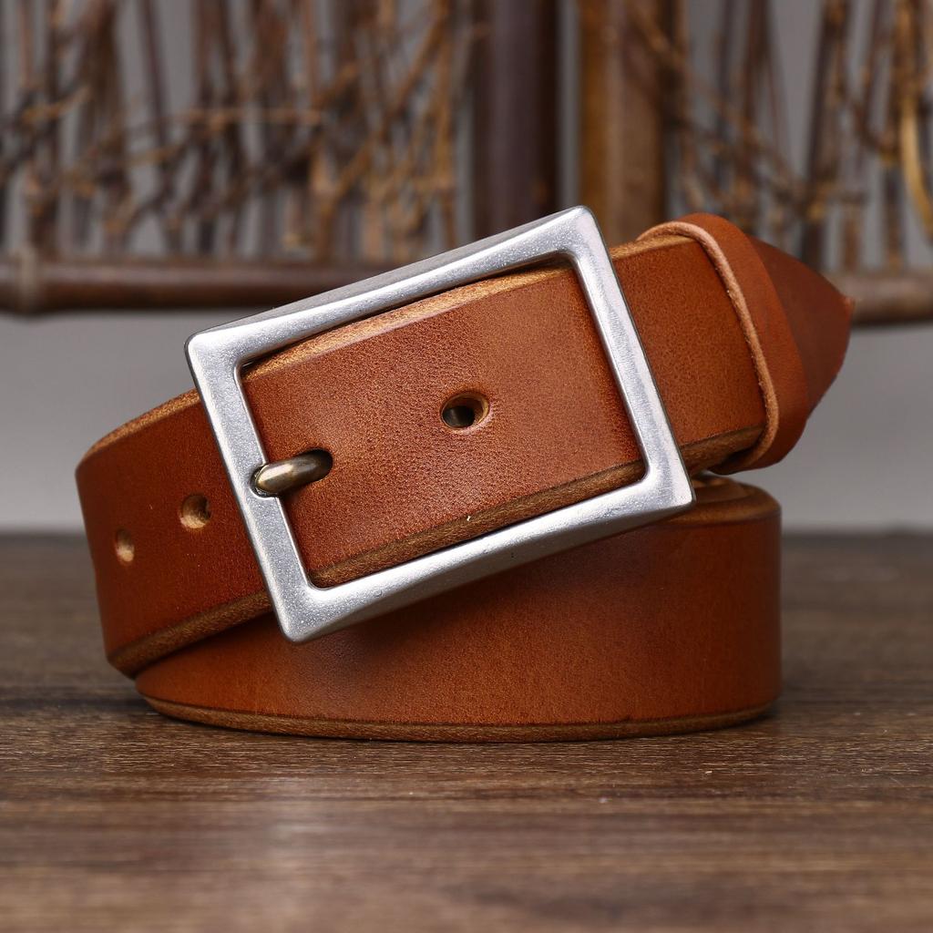 Belt Men's Stainless Steel Buckle Tea Core Leather Thickened First Layer Leather Simple All-Match Casual Jeans Belt Men's