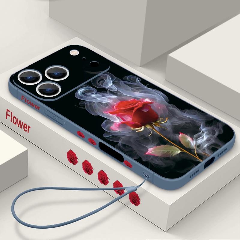 Étui Cordon Motif Fleurs Roses Rouges Pour iPhone 17 Pro Max Funda iPhone 16 15 14 13 Pro Max 11 16E 17E Coque Souple en Silicone