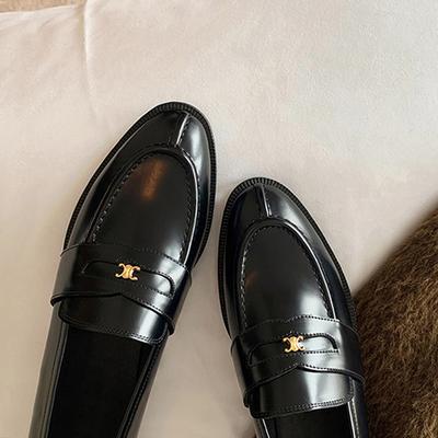 Sapatos Loafers Femininos de Couro Genuíno Retro com Fivela Dourada Pequena, Couro de Vaca, Cabeça Redonda, Sola Plana, Slip-on, Sapatos de Couro Pequenos Britânicos
