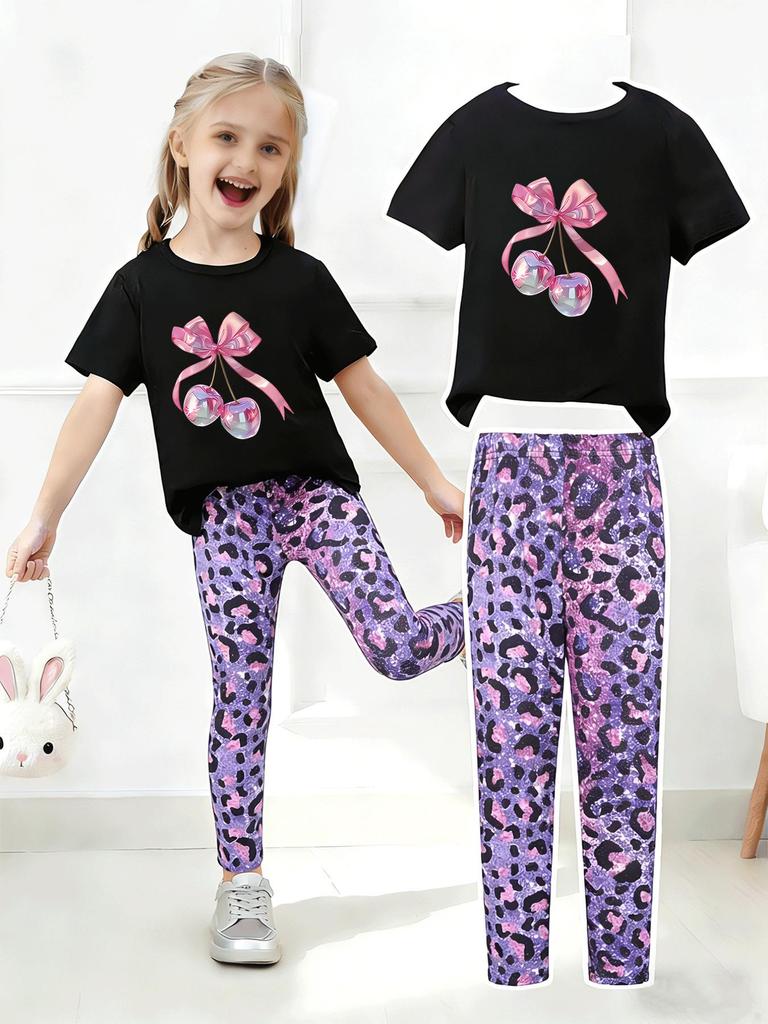 Girls' Summer Casual Short-Sleeve Long Pants Set - European & American Print