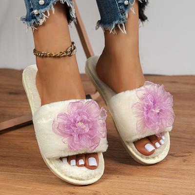 Fashion Pink Flowers Fluffy Fur Slippers for Women Open Toe Soft Sole Home Slides Shoes Woman Autumn Winter Non Slip Cotton Slippers