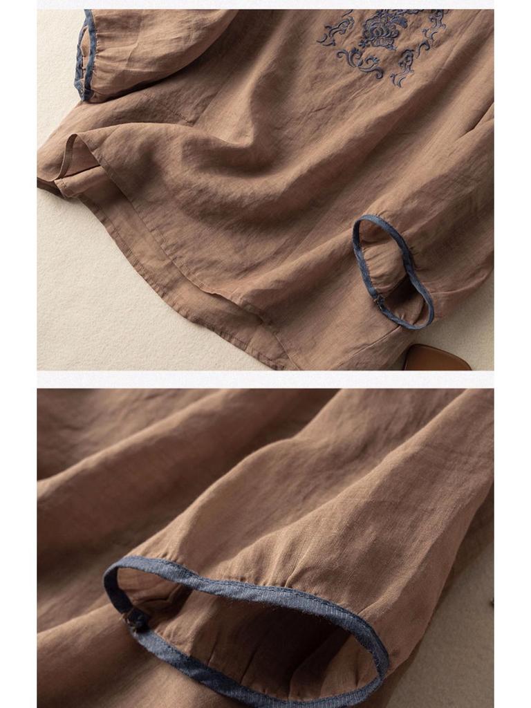 2024 Summer Retro Embroidered Cotton-Linen Colorblock Chinese Style Pullover Shirt